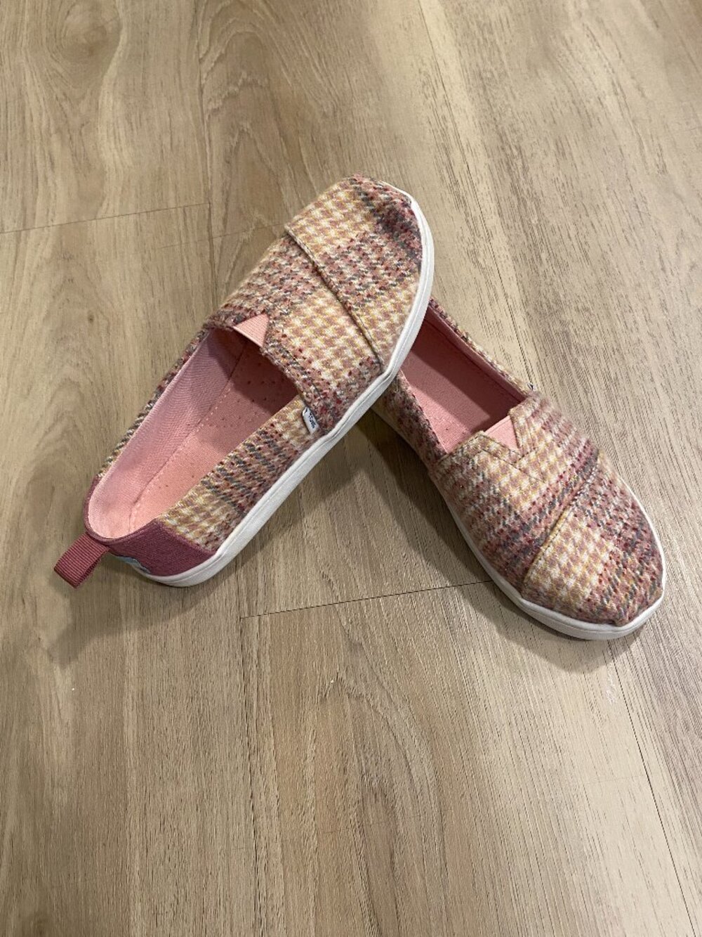 TOMS Kids Alpargata Slip On Shoes Pink Tweed Glitter Plaid Size 2.5
